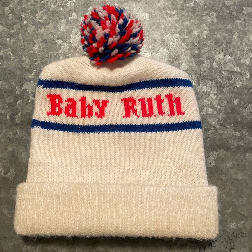 Vintage Baby Ruth Candy Bar Pom Pom Knit Beanie Hat O/S Red White Blue Ski Snow - Picture 3 of 8